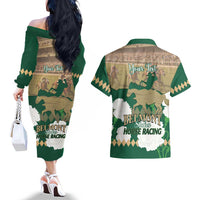 Personalized Belmont Horse Racing Couples Matching Off The Shoulder Long Sleeve Dress and Hawaiian Shirt 157th Anniversary Run For The Carnations