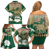 Personalized Belmont Horse Racing Family Matching Off Shoulder Short Dress and Hawaiian Shirt 157th Anniversary Run For The Carnations