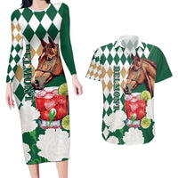 Personalized Belmont Horse Racing Couples Matching Long Sleeve Bodycon Dress and Hawaiian Shirt Jewel Cocktail With White Carnations