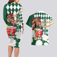 Personalized Belmont Horse Racing Couples Matching Long Sleeve Bodycon Dress and Hawaiian Shirt Jewel Cocktail With White Carnations