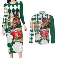 Personalized Belmont Horse Racing Couples Matching Long Sleeve Bodycon Dress and Long Sleeve Button Shirt Jewel Cocktail With White Carnations