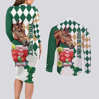 Personalized Belmont Horse Racing Couples Matching Long Sleeve Bodycon Dress and Long Sleeve Button Shirt Jewel Cocktail With White Carnations