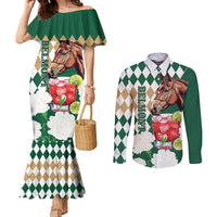Personalized Belmont Horse Racing Couples Matching Mermaid Dress and Long Sleeve Button Shirt Jewel Cocktail With White Carnations