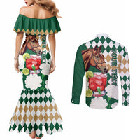 Personalized Belmont Horse Racing Couples Matching Mermaid Dress and Long Sleeve Button Shirt Jewel Cocktail With White Carnations