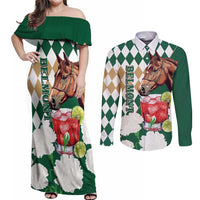 Personalized Belmont Horse Racing Couples Matching Off Shoulder Maxi Dress and Long Sleeve Button Shirt Jewel Cocktail With White Carnations