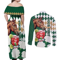 Personalized Belmont Horse Racing Couples Matching Off Shoulder Maxi Dress and Long Sleeve Button Shirt Jewel Cocktail With White Carnations