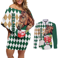 Personalized Belmont Horse Racing Couples Matching Off Shoulder Short Dress and Long Sleeve Button Shirt Jewel Cocktail With White Carnations