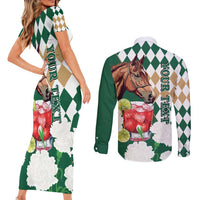 Personalized Belmont Horse Racing Couples Matching Short Sleeve Bodycon Dress and Long Sleeve Button Shirt Jewel Cocktail With White Carnations