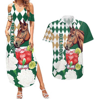 Personalized Belmont Horse Racing Couples Matching Summer Maxi Dress and Hawaiian Shirt Jewel Cocktail With White Carnations