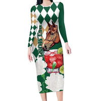 Personalized Belmont Horse Racing Family Matching Long Sleeve Bodycon Dress and Hawaiian Shirt Jewel Cocktail With White Carnations