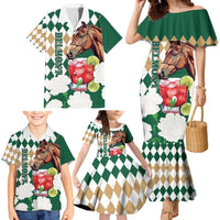 Personalized Belmont Horse Racing Family Matching Mermaid Dress and Hawaiian Shirt Jewel Cocktail With White Carnations