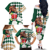 Personalized Belmont Horse Racing Family Matching Off The Shoulder Long Sleeve Dress and Hawaiian Shirt Jewel Cocktail With White Carnations