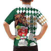 Personalized Belmont Horse Racing Family Matching Off Shoulder Maxi Dress and Hawaiian Shirt Jewel Cocktail With White Carnations