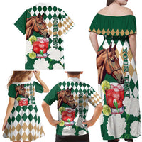 Personalized Belmont Horse Racing Family Matching Off Shoulder Maxi Dress and Hawaiian Shirt Jewel Cocktail With White Carnations