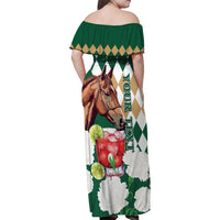 Personalized Belmont Horse Racing Family Matching Off Shoulder Maxi Dress and Hawaiian Shirt Jewel Cocktail With White Carnations