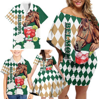 Personalized Belmont Horse Racing Family Matching Off Shoulder Short Dress and Hawaiian Shirt Jewel Cocktail With White Carnations