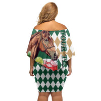 Personalized Belmont Horse Racing Family Matching Off Shoulder Short Dress and Hawaiian Shirt Jewel Cocktail With White Carnations