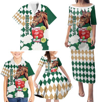 Personalized Belmont Horse Racing Family Matching Puletasi and Hawaiian Shirt Jewel Cocktail With White Carnations