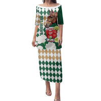 Personalized Belmont Horse Racing Family Matching Puletasi and Hawaiian Shirt Jewel Cocktail With White Carnations