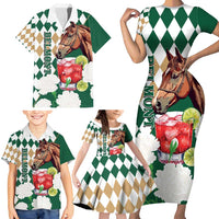 Personalized Belmont Horse Racing Family Matching Short Sleeve Bodycon Dress and Hawaiian Shirt Jewel Cocktail With White Carnations