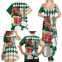 Personalized Belmont Horse Racing Family Matching Summer Maxi Dress and Hawaiian Shirt Jewel Cocktail With White Carnations