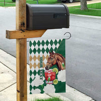 Personalized Belmont Horse Racing Garden Flag Jewel Cocktail With White Carnations