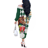 Personalized Belmont Horse Racing Off The Shoulder Long Sleeve Dress Jewel Cocktail With White Carnations