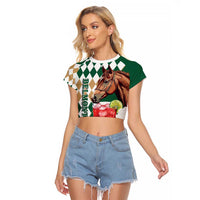 Personalized Belmont Horse Racing Raglan Cropped T Shirt Jewel Cocktail With White Carnations