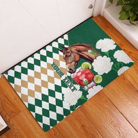 Personalized Belmont Horse Racing Rubber Doormat Jewel Cocktail With White Carnations