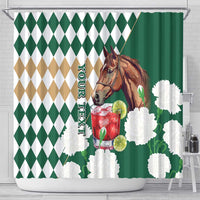 Personalized Belmont Horse Racing Shower Curtain Jewel Cocktail With White Carnations