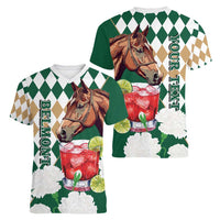 Personalized Belmont Horse Racing Women V-Neck T-Shirt Jewel Cocktail With White Carnations