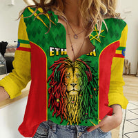 Personalised Ethiopia Women Casual Shirt Men's Dreadlock Rasta Lion Headphones - Wonder Print Shop