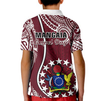 Kid maroon polo shirt back view with white graphic crest and patterned lettering