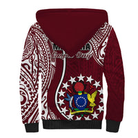 Maroon sherpa hoodie back with white decorative pattern and 'Gospel Day' text