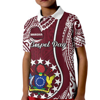 Kids maroon polo shirt with white collar and button placket, bold "Gospel Day" front graphic