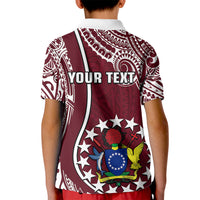 Kids maroon polo shirt back with white trim and "YOUR TEXT" panel, large circular crest graphic