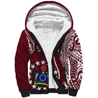Maroon unisex sherpa zip hoodie with black trim, white patterned sleeves, graphic front