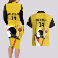 Custom Uganda Cricket Couples Matching Long Sleeve Bodycon Dress and Hawaiian Shirt Ugandan Grey Crowned Crane - Wonder Print Shop
