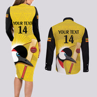 Custom Uganda Cricket Couples Matching Long Sleeve Bodycon Dress and Long Sleeve Button Shirt Ugandan Grey Crowned Crane - Wonder Print Shop