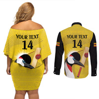 Custom Uganda Cricket Couples Matching Off Shoulder Short Dress and Long Sleeve Button Shirt Ugandan Grey Crowned Crane - Wonder Print Shop