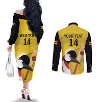 Custom Uganda Cricket Couples Matching Off The Shoulder Long Sleeve Dress and Long Sleeve Button Shirt Ugandan Grey Crowned Crane