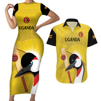Custom Uganda Cricket Couples Matching Short Sleeve Bodycon Dress and Hawaiian Shirt Ugandan Grey Crowned Crane - Wonder Print Shop