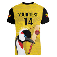 Custom Uganda Cricket Women V-Neck T-Shirt Ugandan Grey Crowned Crane - Wonder Print Shop