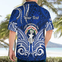 Blue Hawaiian shirt on model, back with 'Your Text', tribal waves, Independence Day emblem