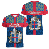 17 June Iceland National Day Women V Neck T Shirt Icelandic Folk Pattern - Wonder Print Shop