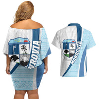 Liberia Monrovia Capital Couples Matching Off Shoulder Short Dress and Hawaiian Shirt African Pattern Curves Style