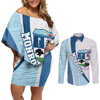 Liberia Monrovia Capital Couples Matching Off Shoulder Short Dress and Long Sleeve Button Shirt African Pattern Curves Style