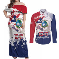 Liberia 1847 Independence Day Couples Matching Off Shoulder Maxi Dress and Long Sleeve Button Shirt Coat Of Arms Grunge Style