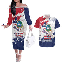 Liberia 1847 Independence Day Couples Matching Off The Shoulder Long Sleeve Dress and Hawaiian Shirt Coat Of Arms Grunge Style