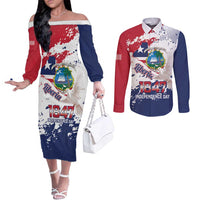 Liberia 1847 Independence Day Couples Matching Off The Shoulder Long Sleeve Dress and Long Sleeve Button Shirt Coat Of Arms Grunge Style